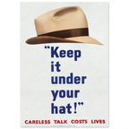 Poster with a tan hat and text 'Keep it under your hat! Careless talk costs lives' on a white background