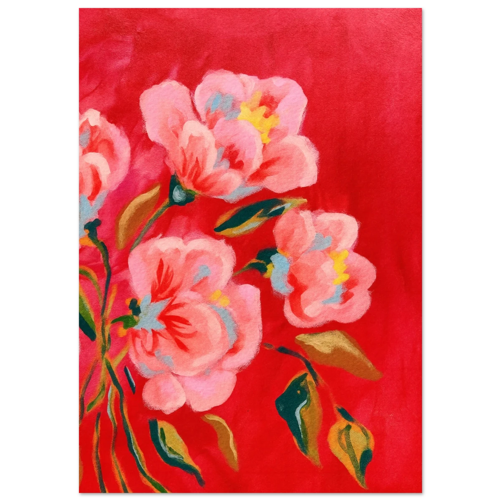 Floral poster with pink flowers on a red background