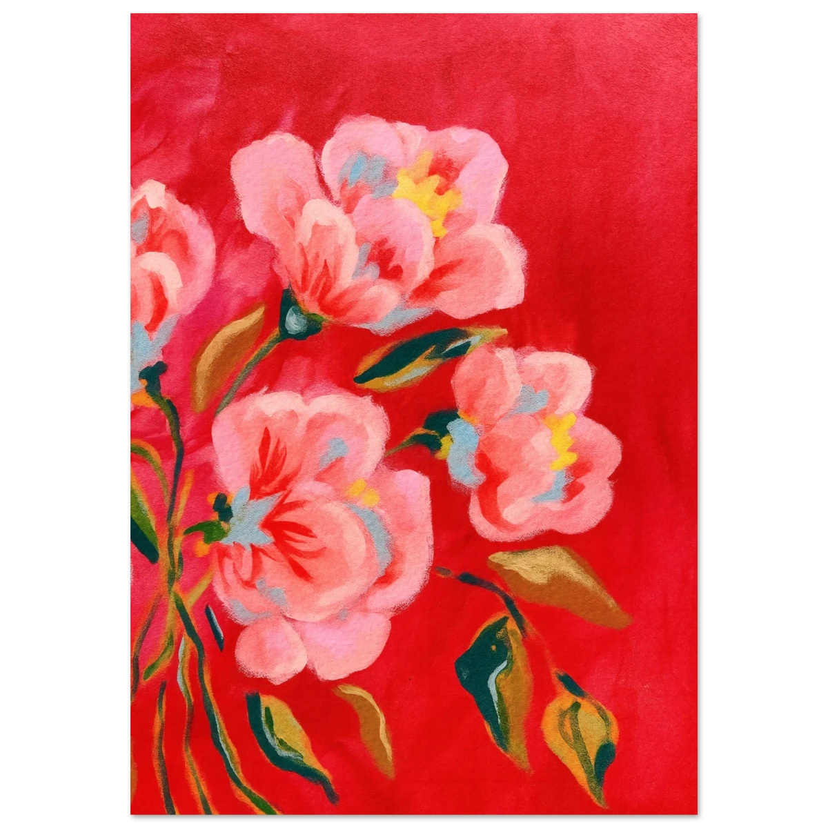 Floral poster with pink flowers on a red background