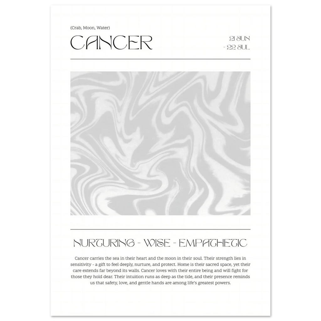 Zodiac poster for Cancer with marbled design and text on a white background
