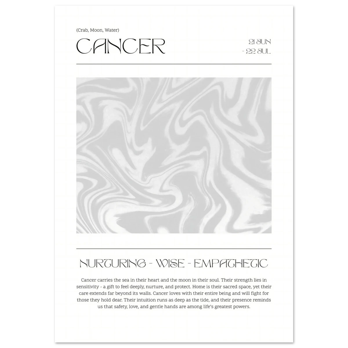 Zodiac poster for Cancer with marbled design and text on a white background