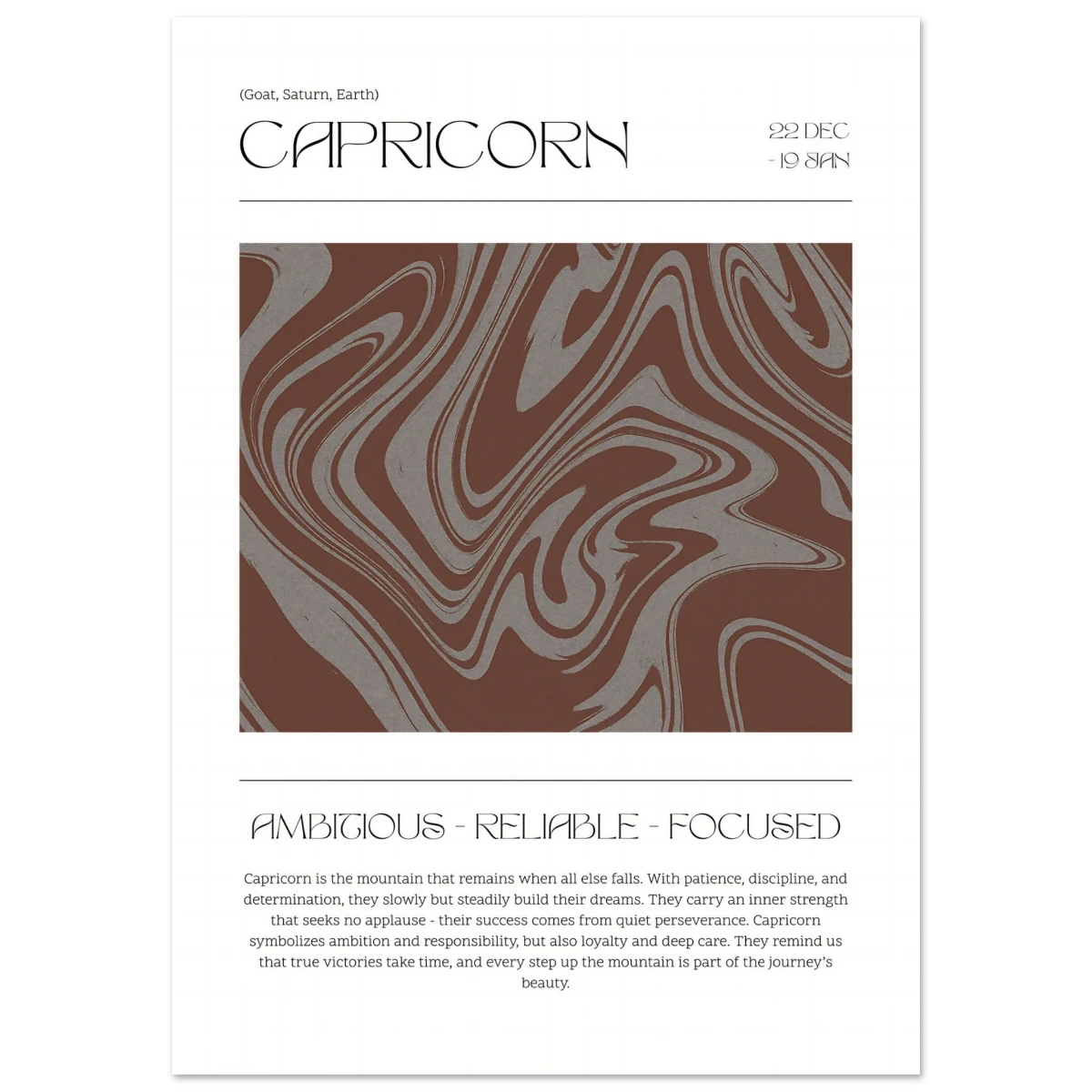 Capricorn zodiac sign poster with marbled design and descriptive text on a white background