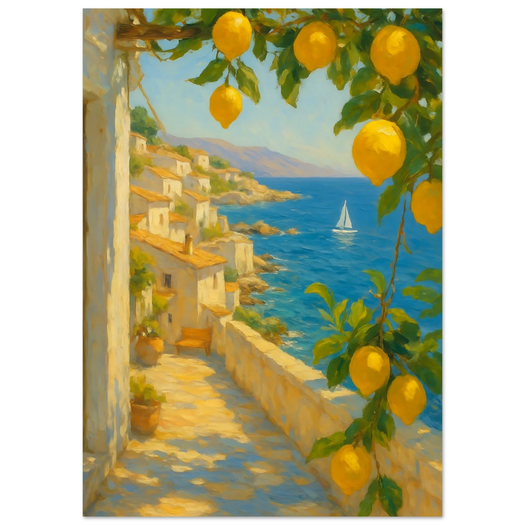 Poster of a coastal scene with lemon trees and a sailboat.