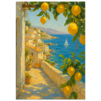 Poster of a coastal scene with lemon trees and a sailboat.