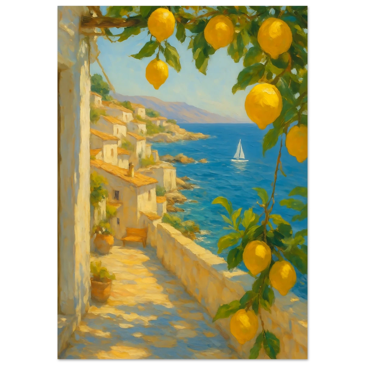 Poster of a coastal scene with lemon trees and a sailboat.