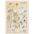 Botanical illustration of leaves and flowers on a yellow background