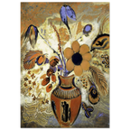 Decorative poster of a vase with flowers and butterflies on a textured background