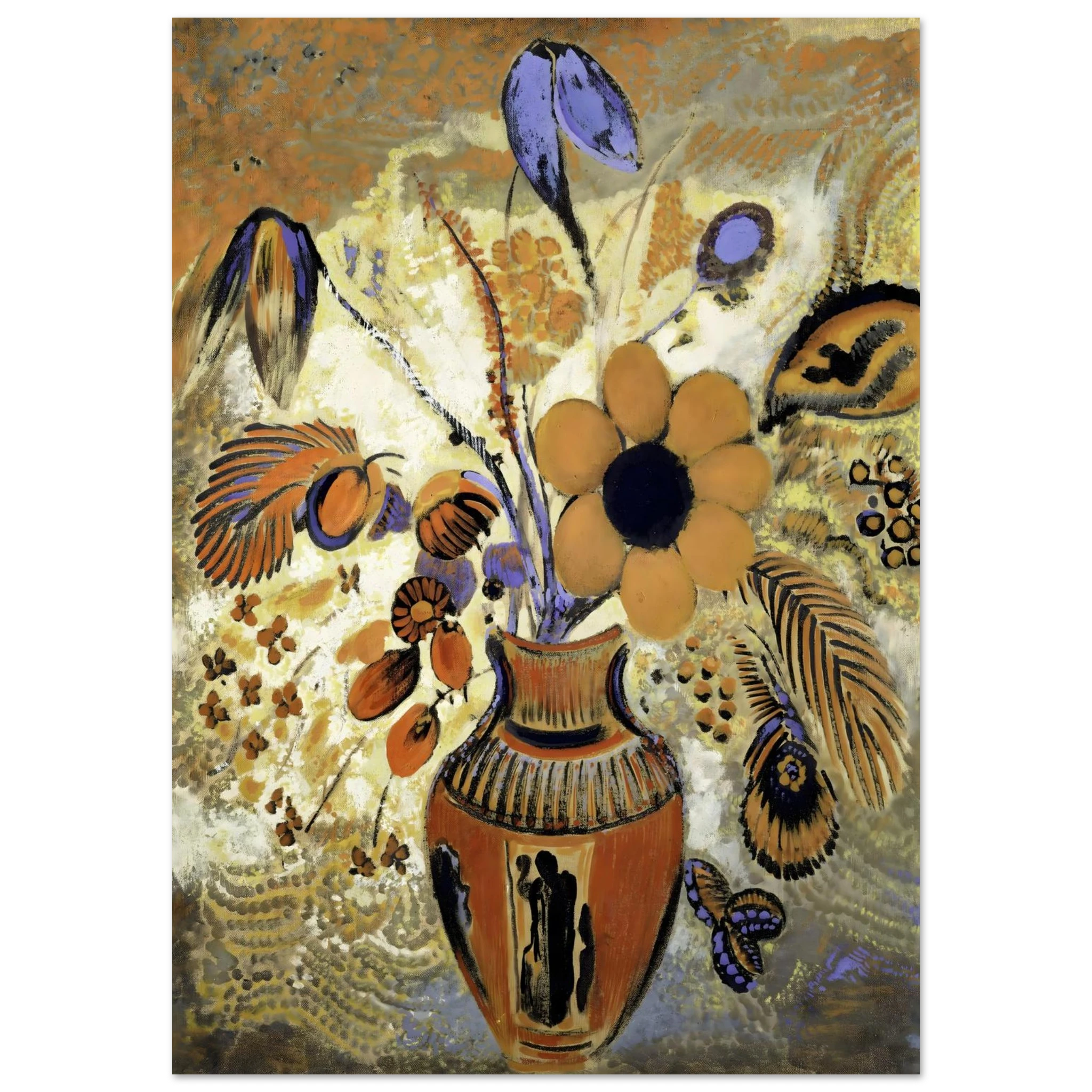 Decorative poster of a vase with flowers and butterflies on a textured background