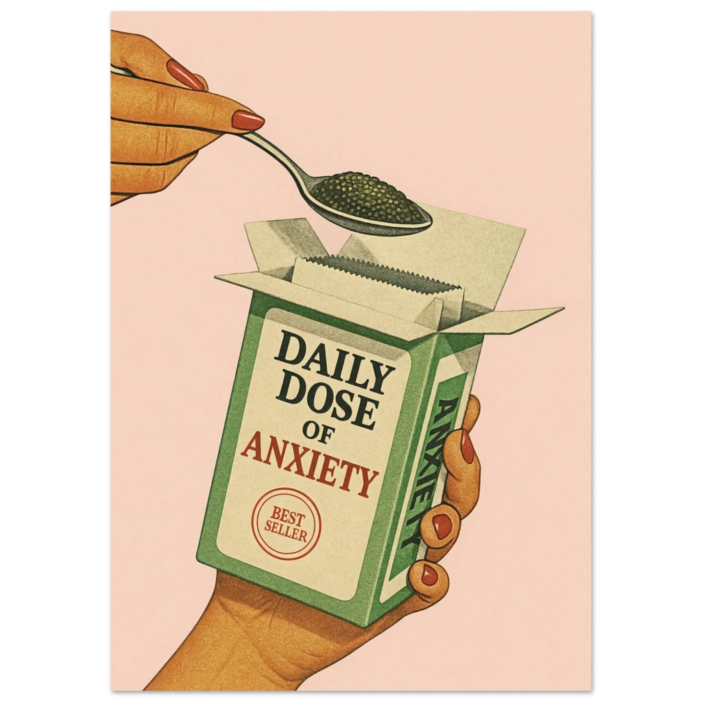 Poster of a hand holding a box labeled 'Daily Dose of Anxiety' with a spoonful of green powder.