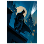 Batman in a dark suit with cape and cowl, standing on a rooftop with city skyline and moon in the background.