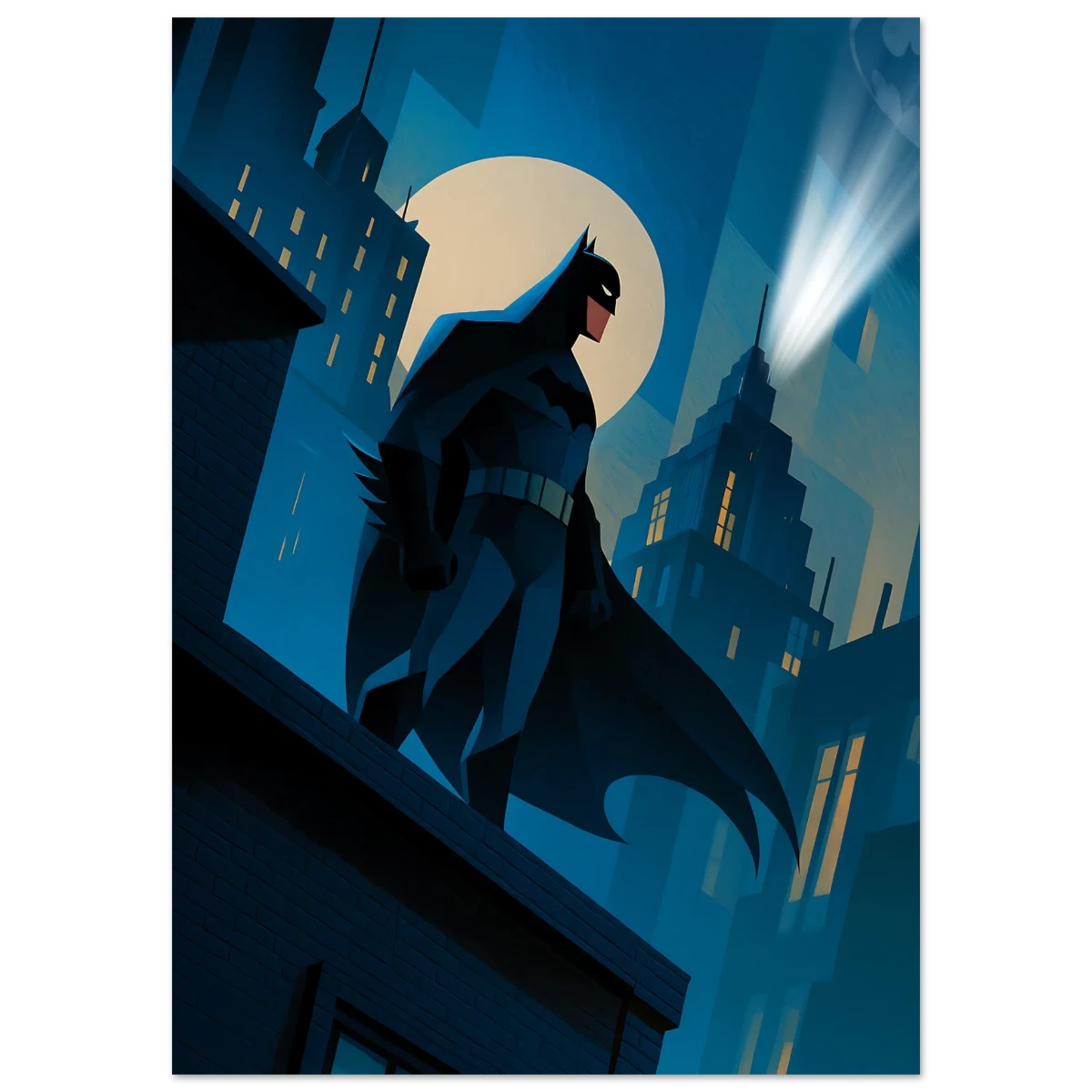 Batman in a dark suit with cape and cowl, standing on a rooftop with city skyline and moon in the background.