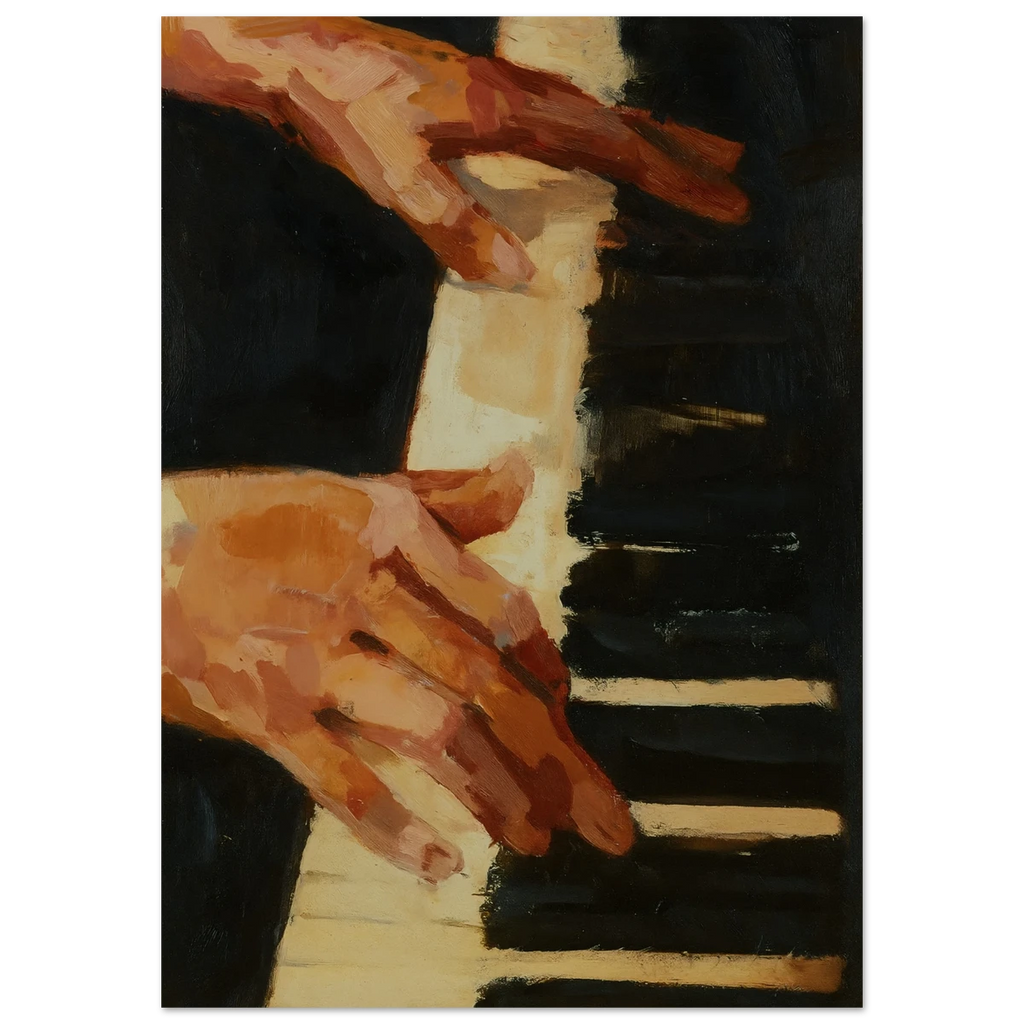 Abstract poster of hands playing a piano with a black background