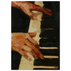Abstract poster of hands playing a piano with a black background