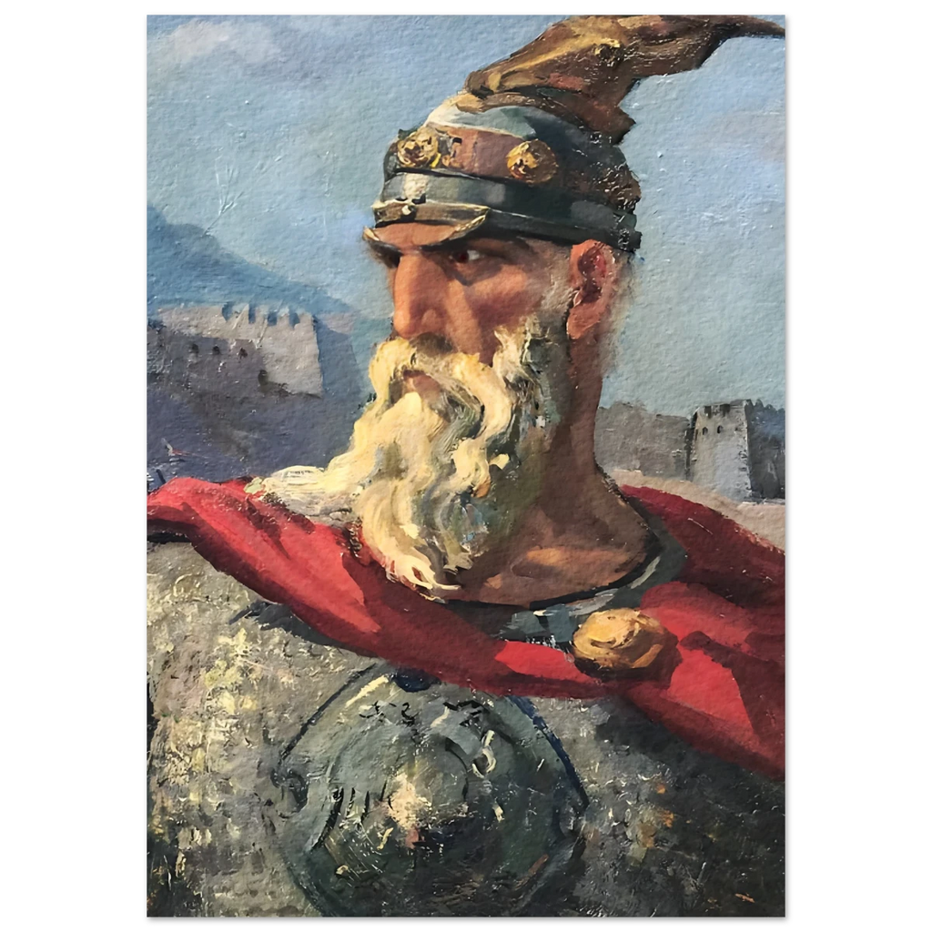 Poster of Skanderbeg a bearded warrior with armor and red cape against a castle backdrop