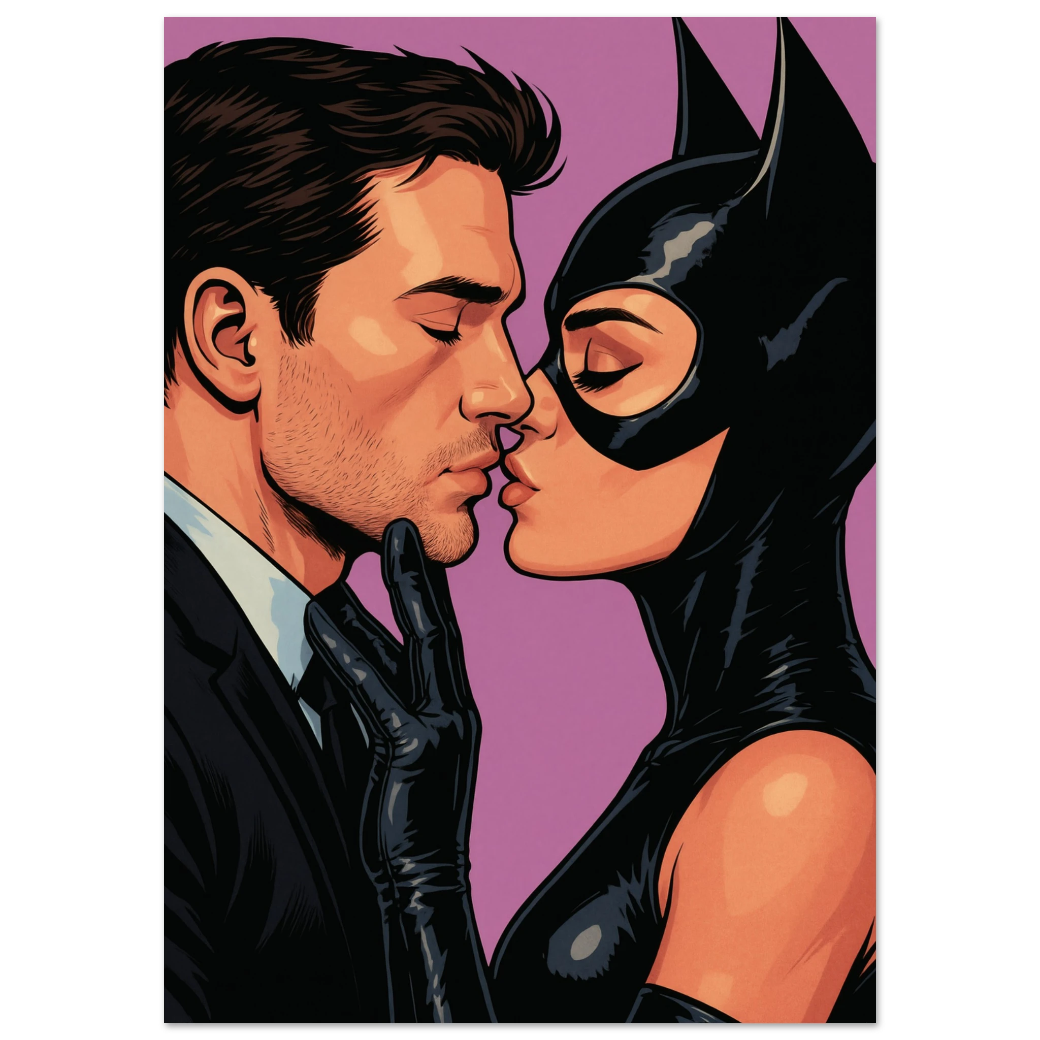 Illustration of cat woman,  a man and woman in superhero costumes kissing against a purple background