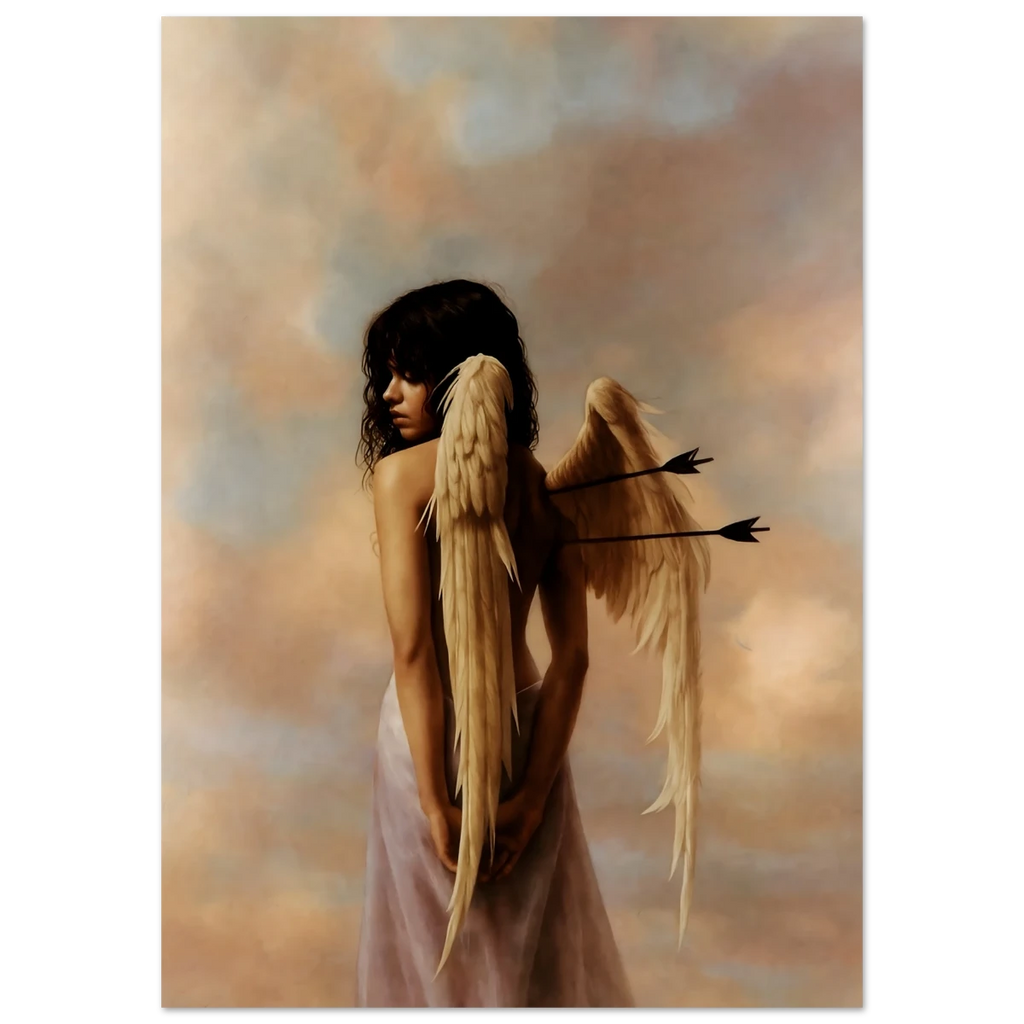 Woman with angel wings and arrows pierced in her back against a warm-toned sky