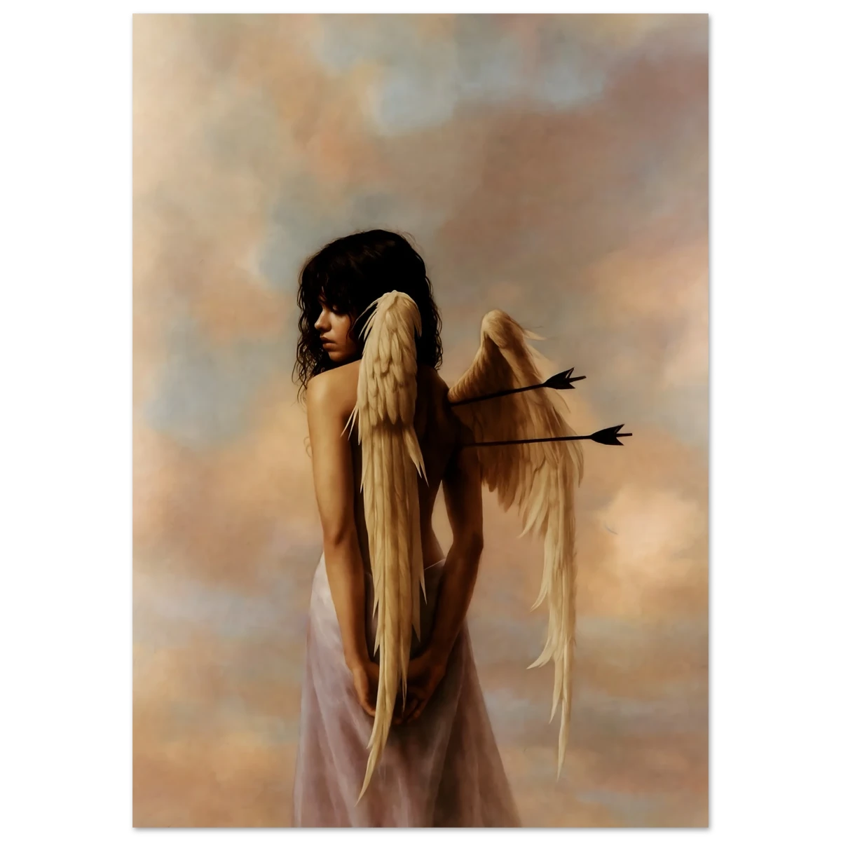 Woman with angel wings and arrows pierced in her back against a warm-toned sky