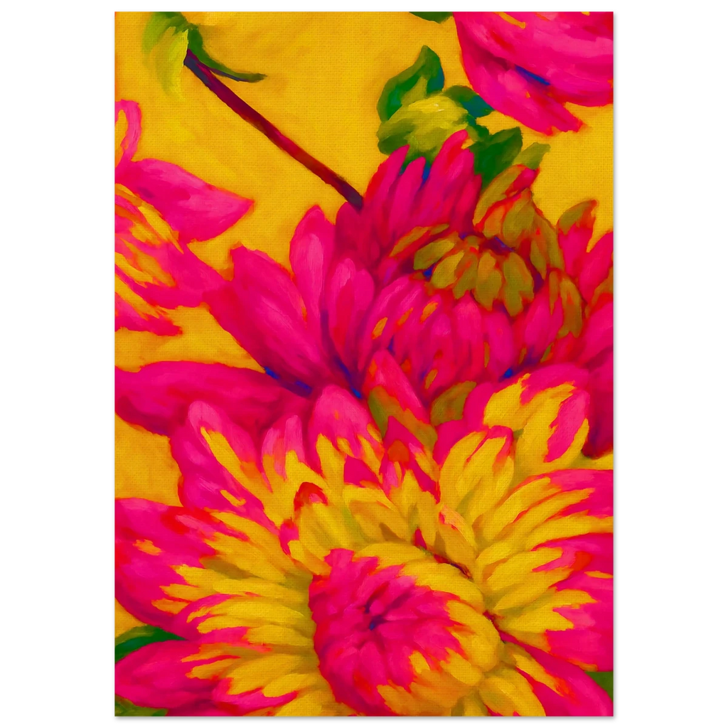 Colorful floral pattern poster with pink and yellow flowers on a yellow background