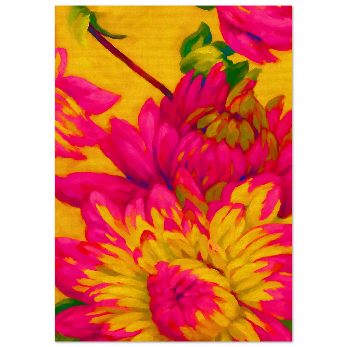 Colorful floral pattern poster with pink and yellow flowers on a yellow background