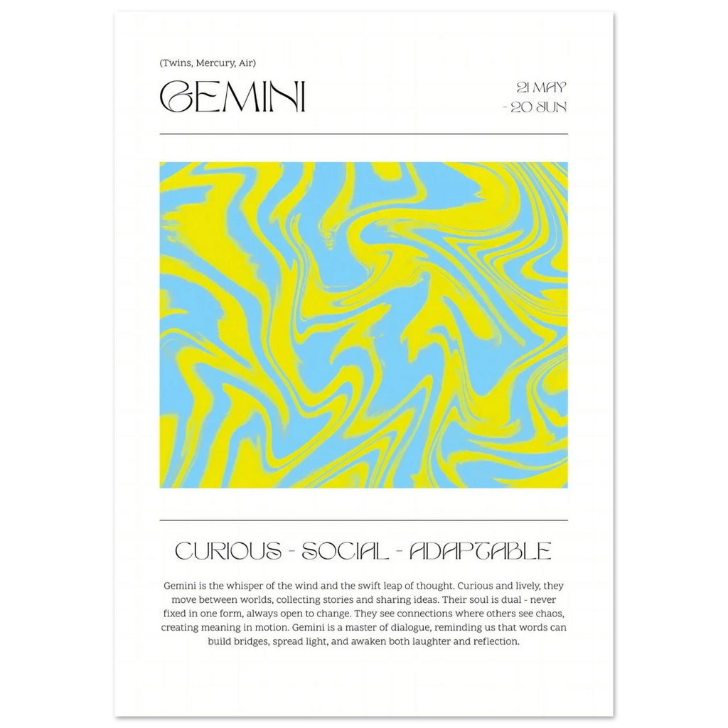 Gemini zodiac sign poster with abstract yellow and blue design on a white background