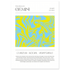 Gemini zodiac sign poster with abstract yellow and blue design on a white background