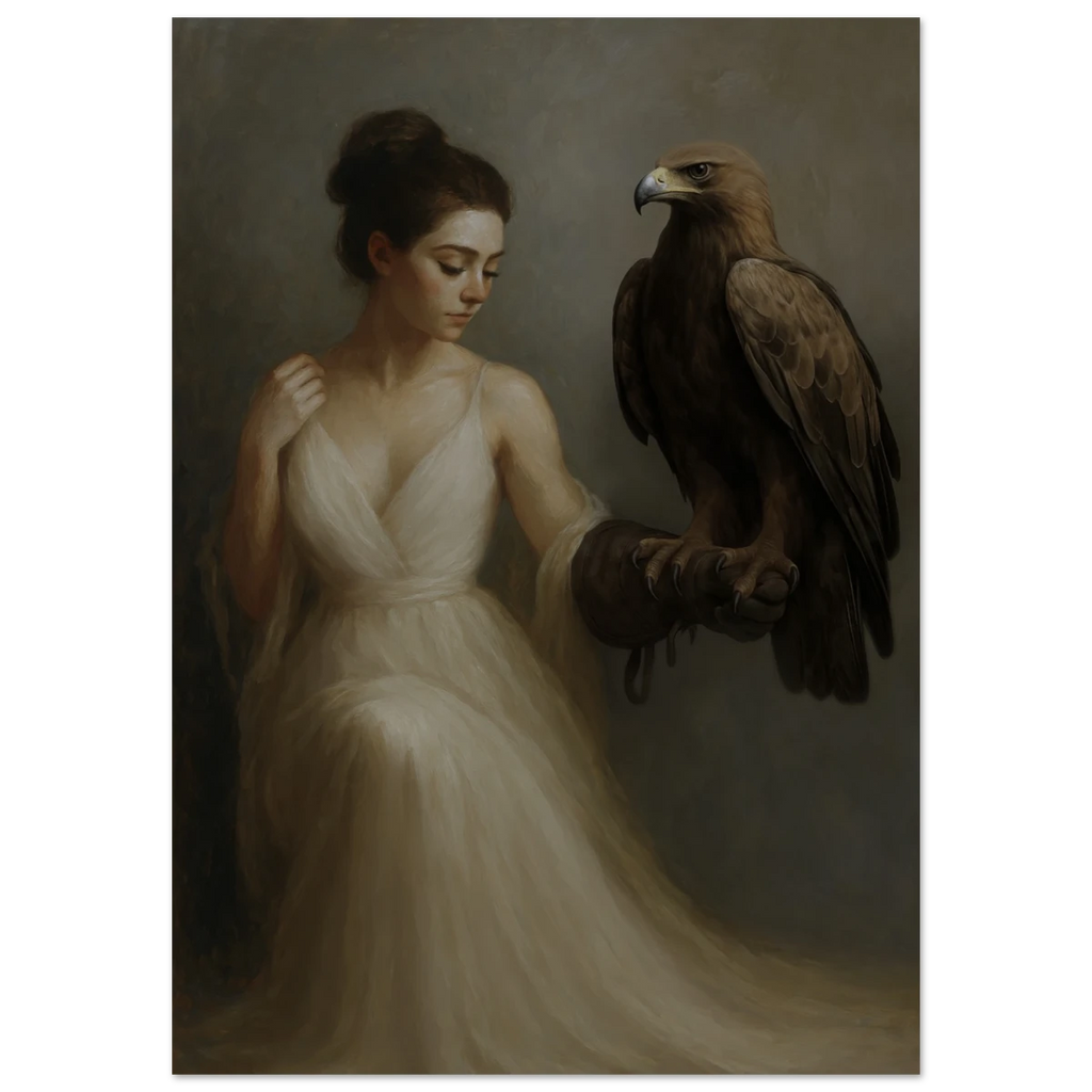 Woman in a white dress holding an eagle against a neutral background.