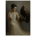 Woman in a white dress holding an eagle against a neutral background.