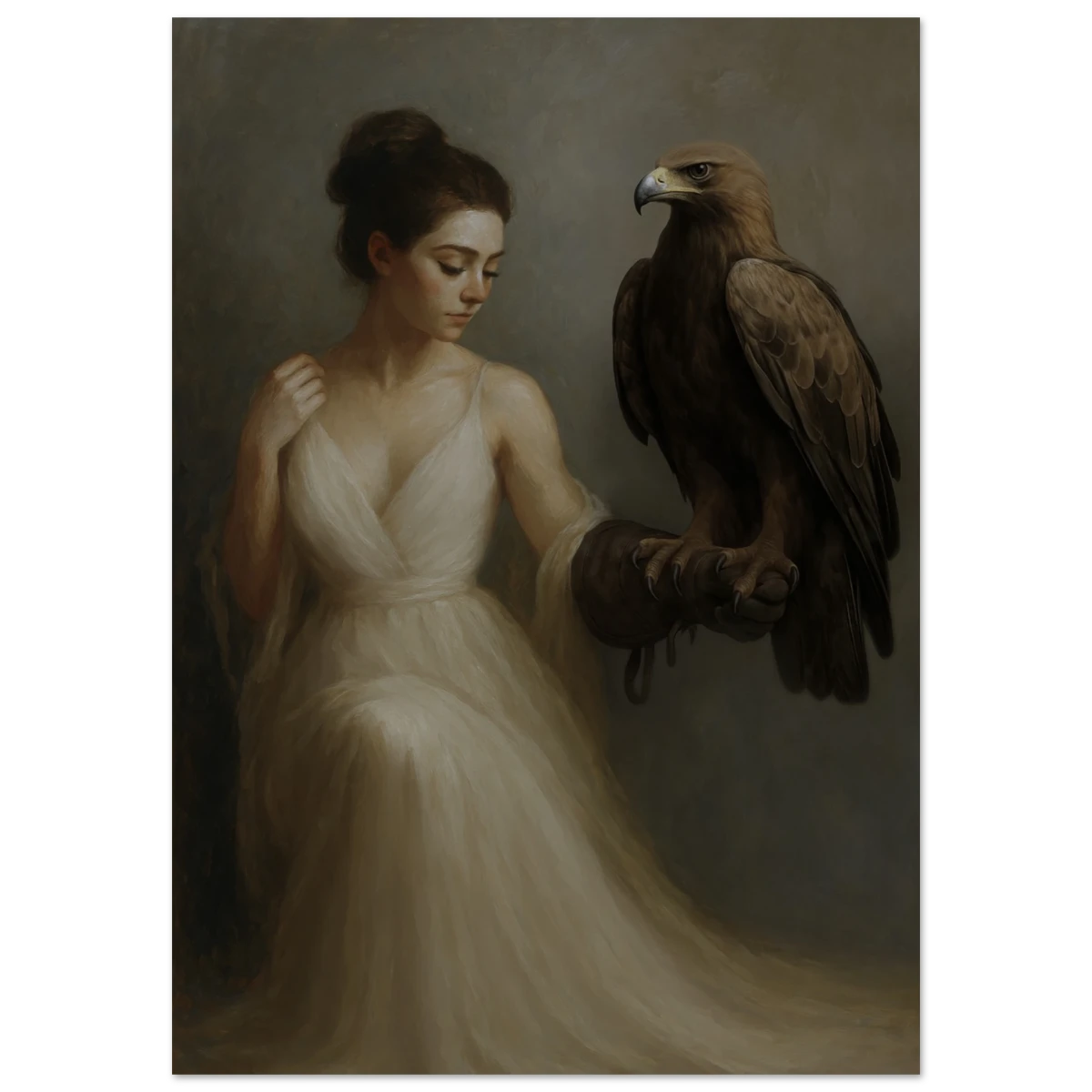 Woman in a white dress holding an eagle against a neutral background.