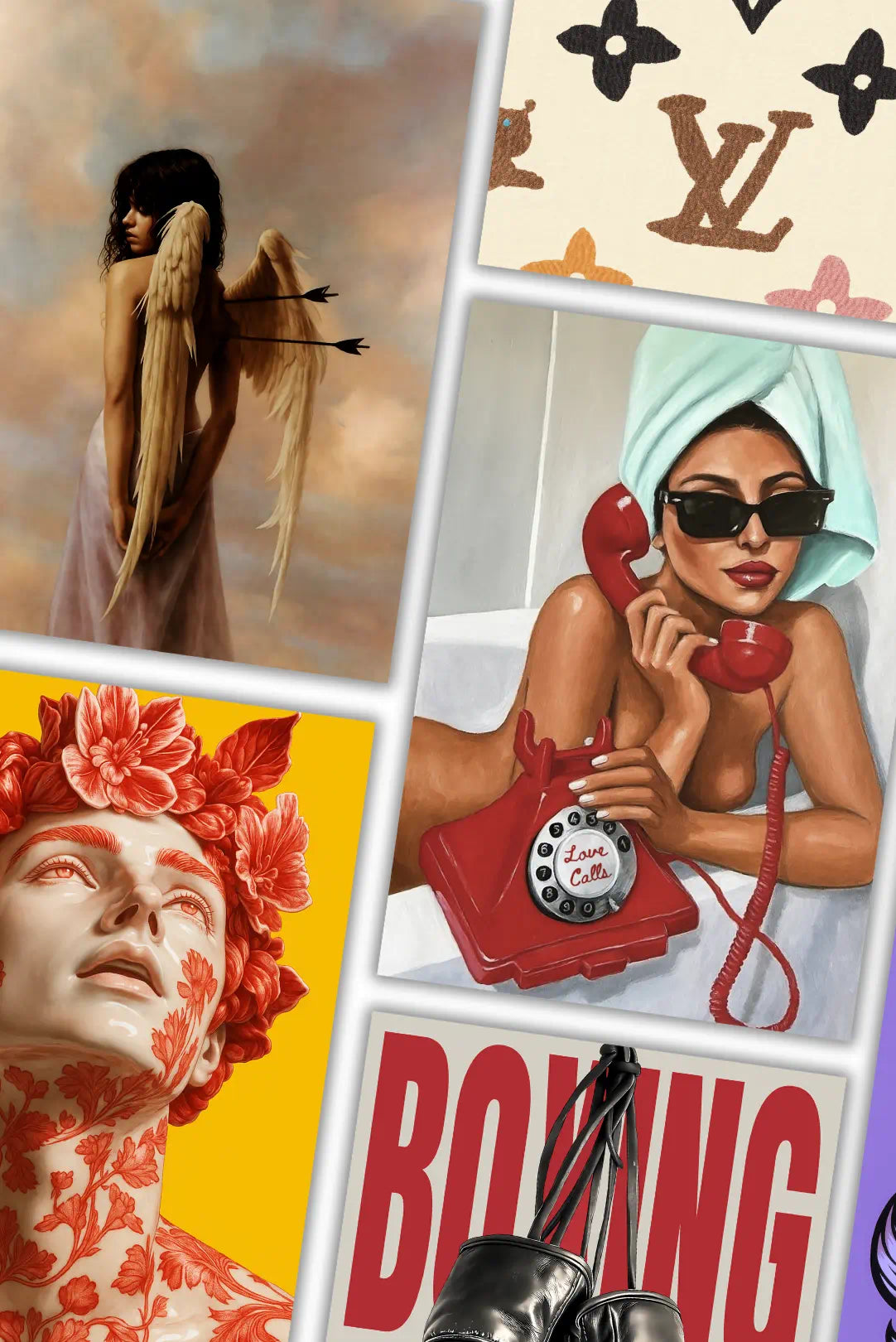 Collage of artistic images including a woman with a bow, a woman with a towel and phone, a floral headpiece, and boxing gloves.