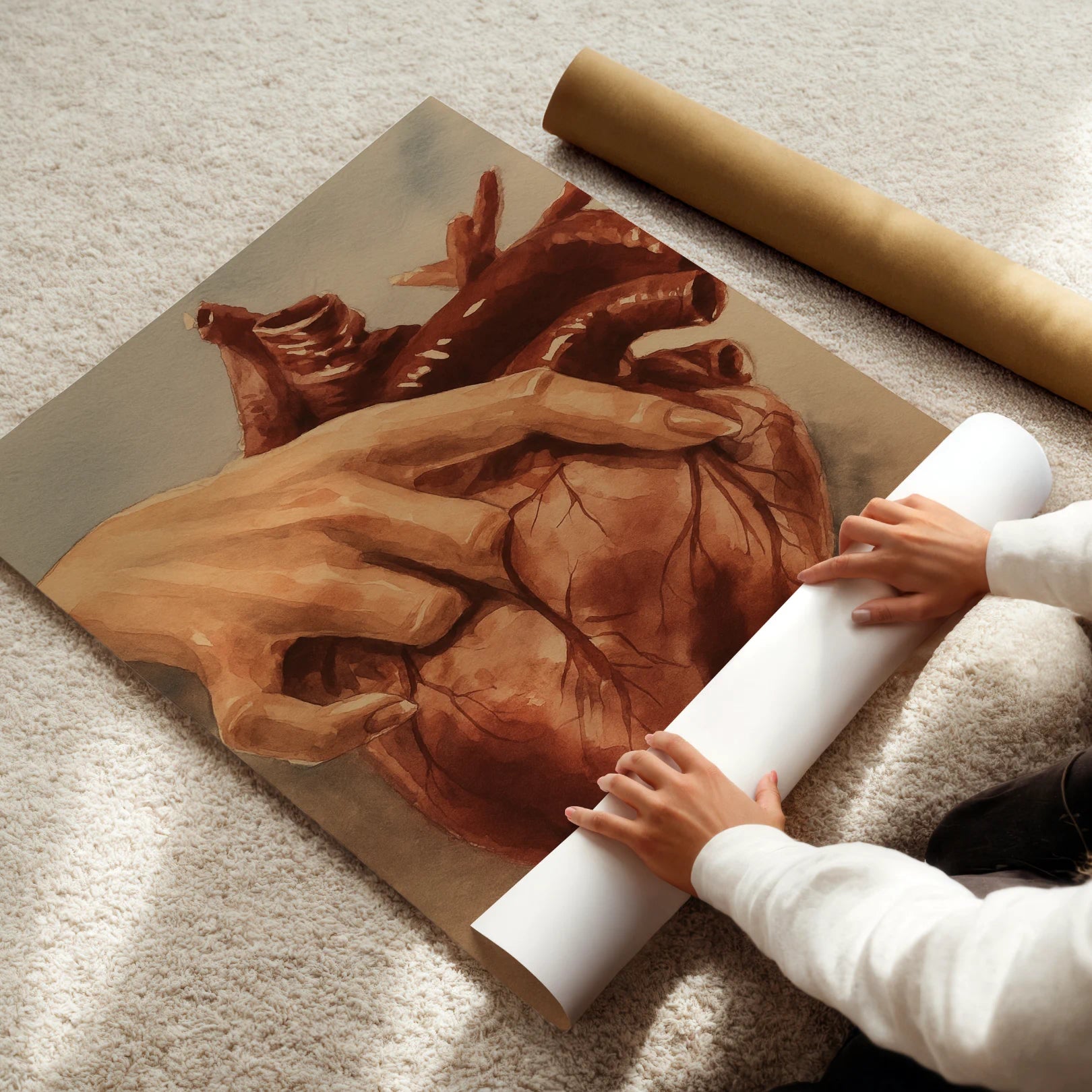 Person unrolling a large poster with a detailed illustration of fingers piercing a heart layed on light-colored floor.