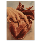 Artistic depiction of fingers penetrating a heart with a brownish-reddish color palette.