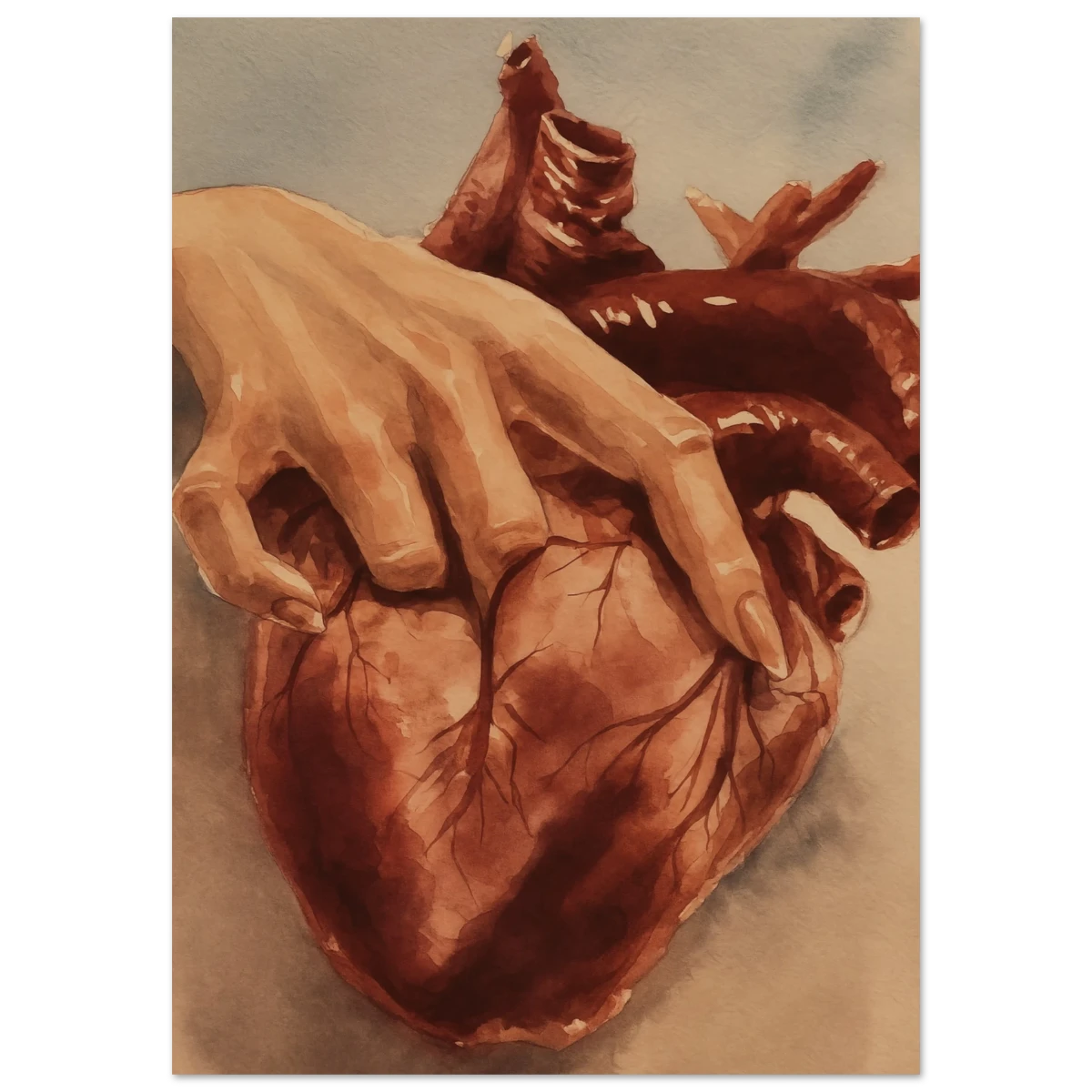 Artistic depiction of fingers penetrating a heart with a brownish-reddish color palette.