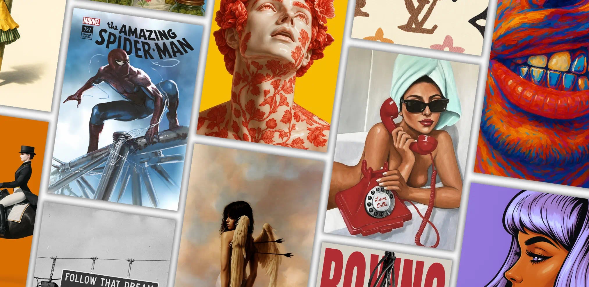 Collage of various illustrated characters and scenes, including a superhero and a woman with a telephone.