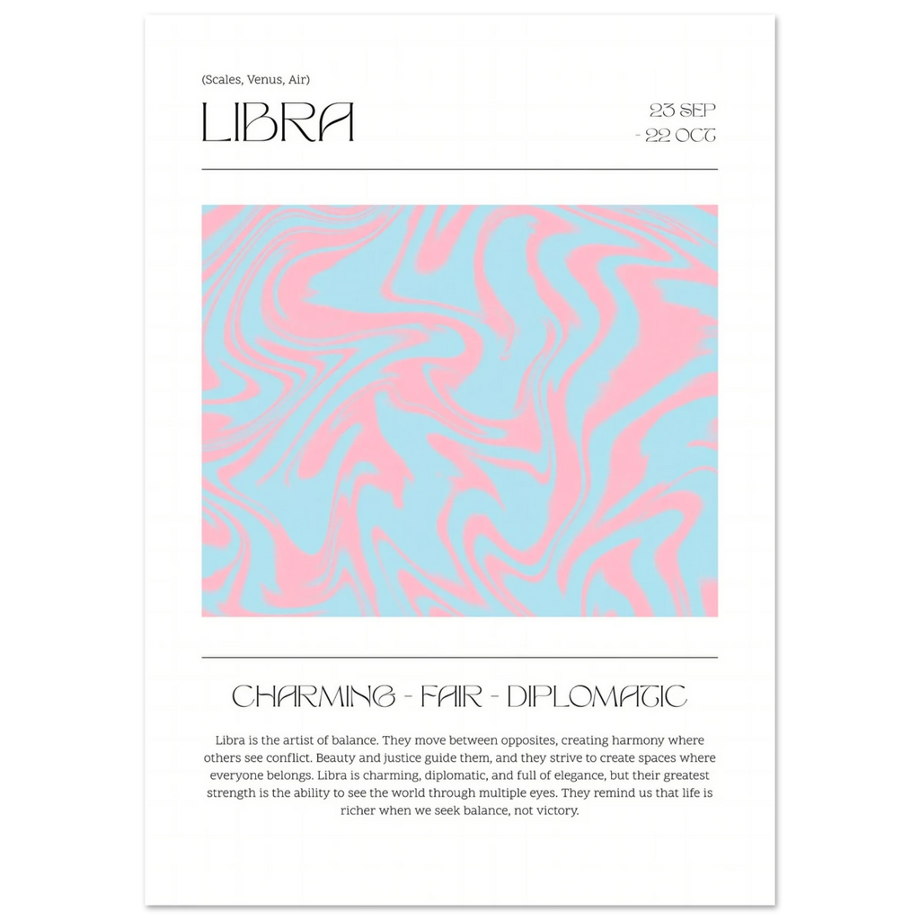 Libra astrological sign poster with pink and blue wave pattern on a white background