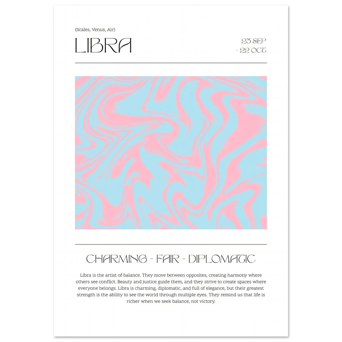 Libra astrological sign poster with pink and blue wave pattern on a white background