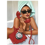 Artistic depiction of a woman with a red telephone labeled 'Love Calls' on a white background