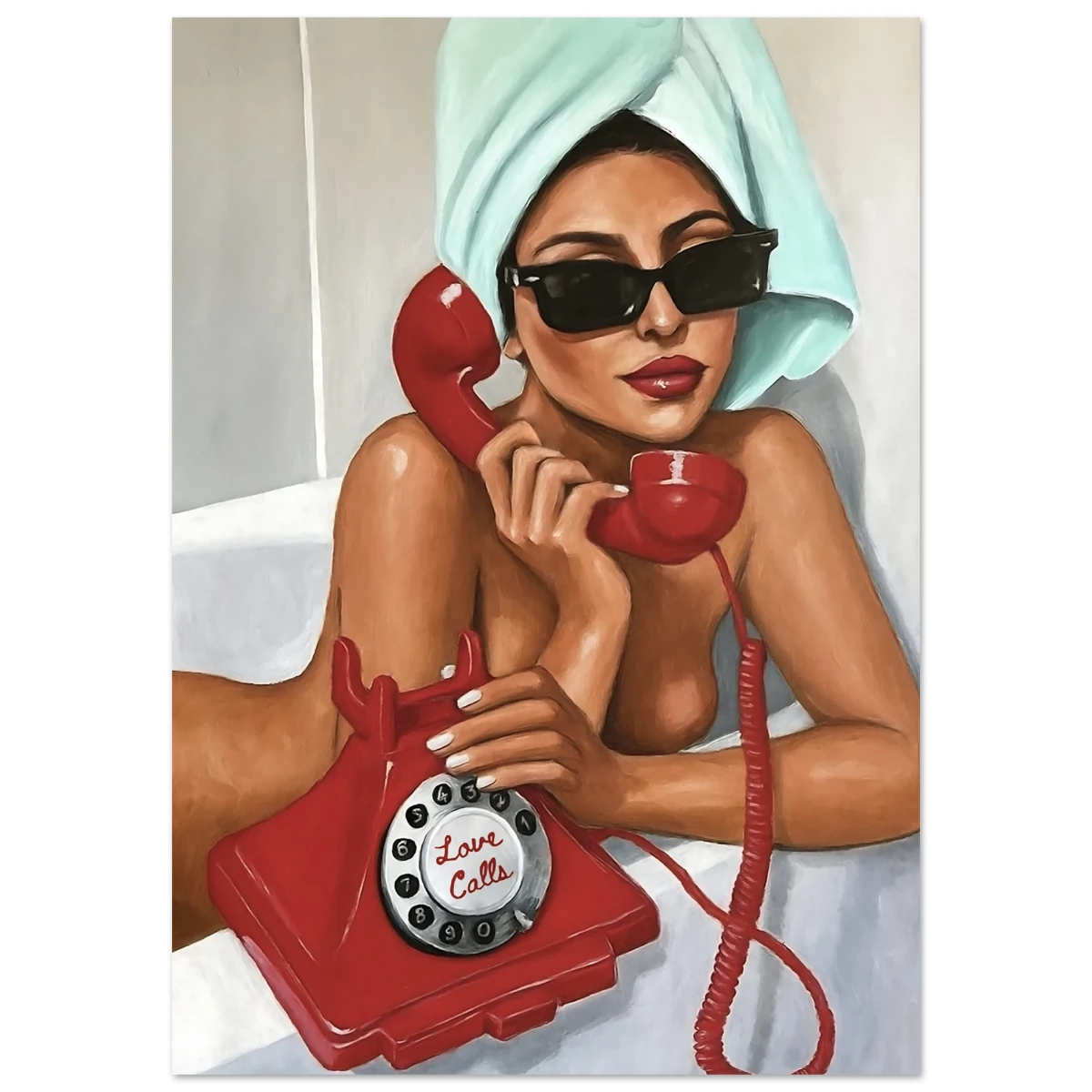 Artistic depiction of a woman with a red telephone labeled 'Love Calls' on a white background