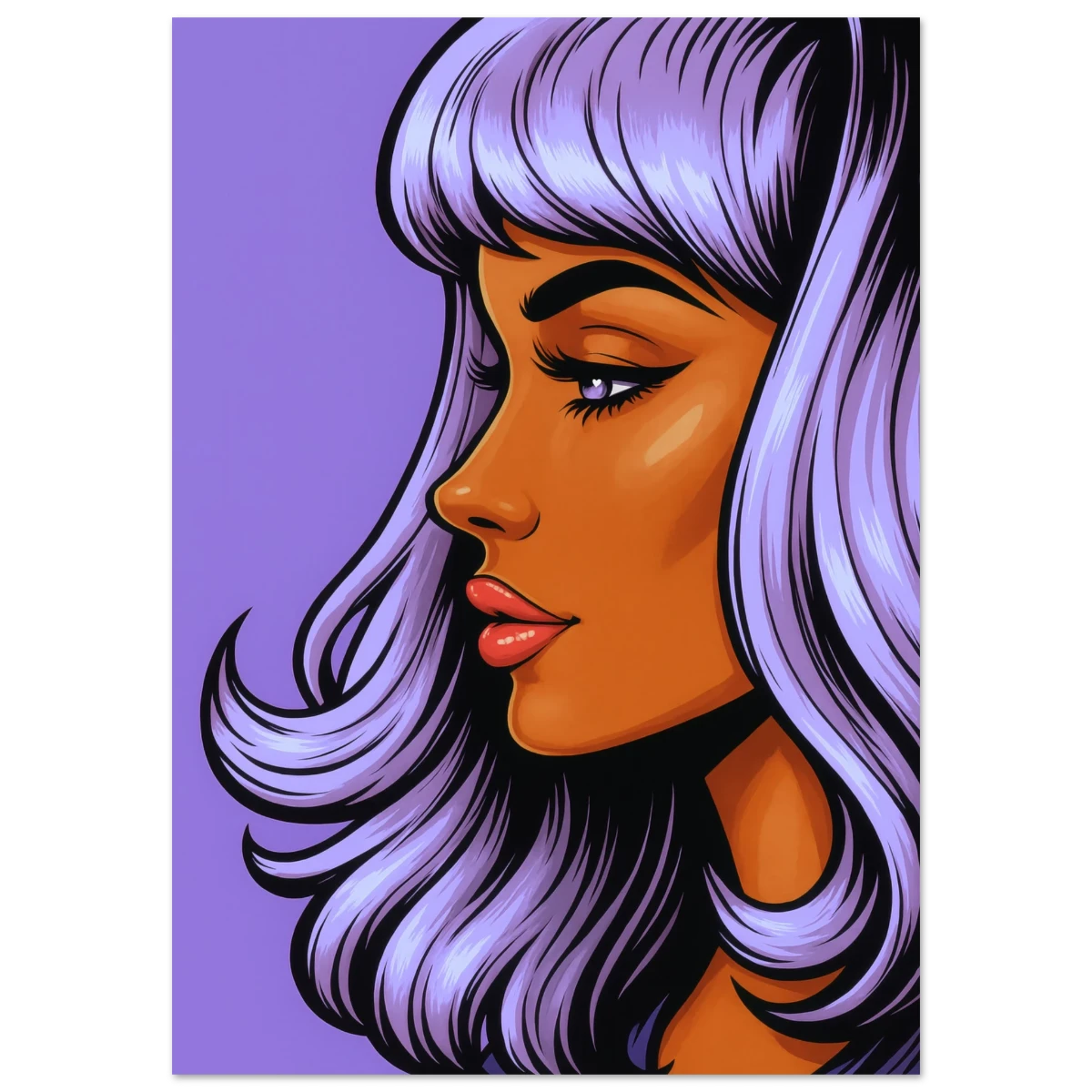 Illustration poster of a woman with purple hair on a purple background