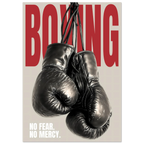 Pair of black boxing gloves with 'BOXING' text and 'No Fear. No Mercy.' quote on a beige background