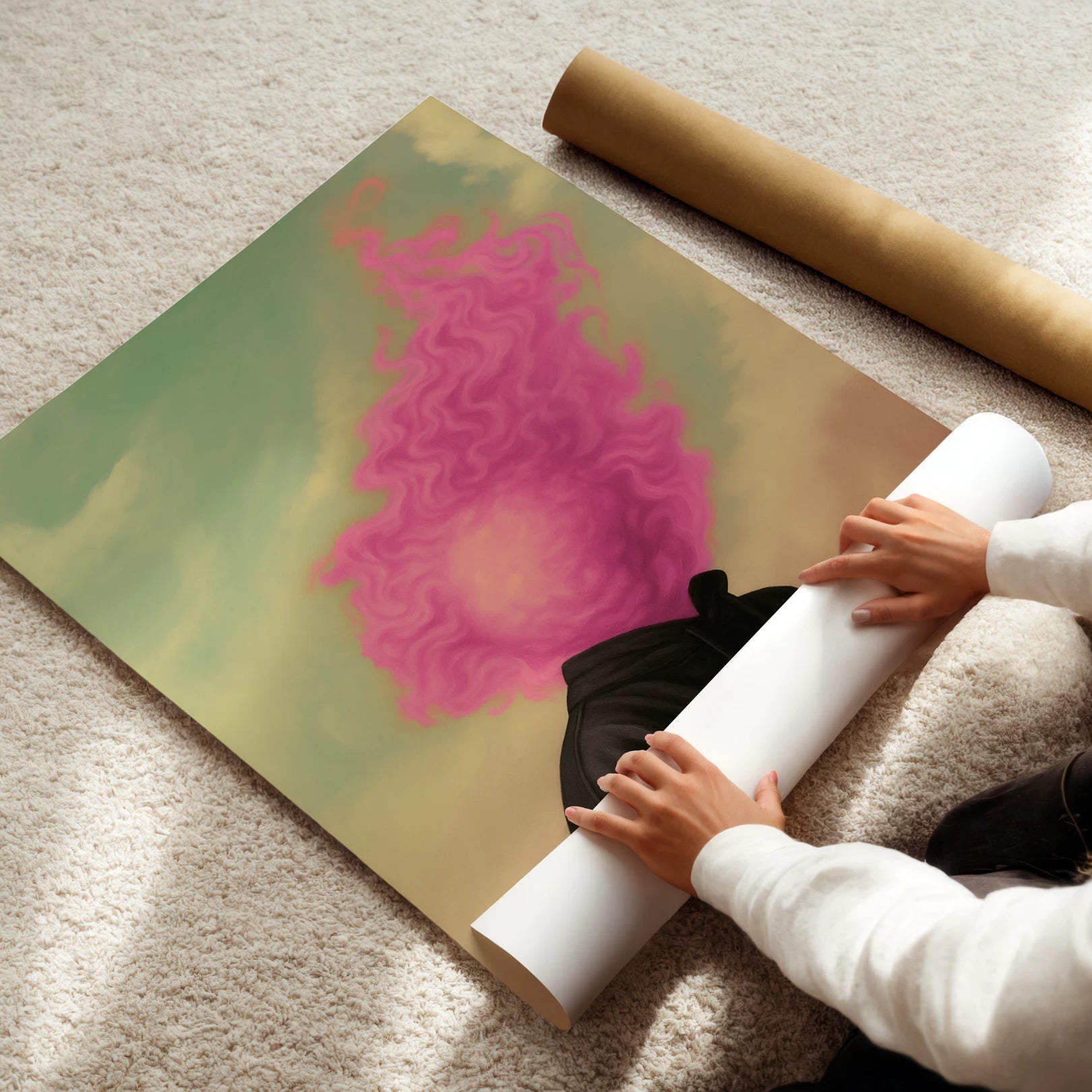 Person unrolling a large pink and green abstract poster of a man with his head on fire with pink flames on a carpeted floor.
