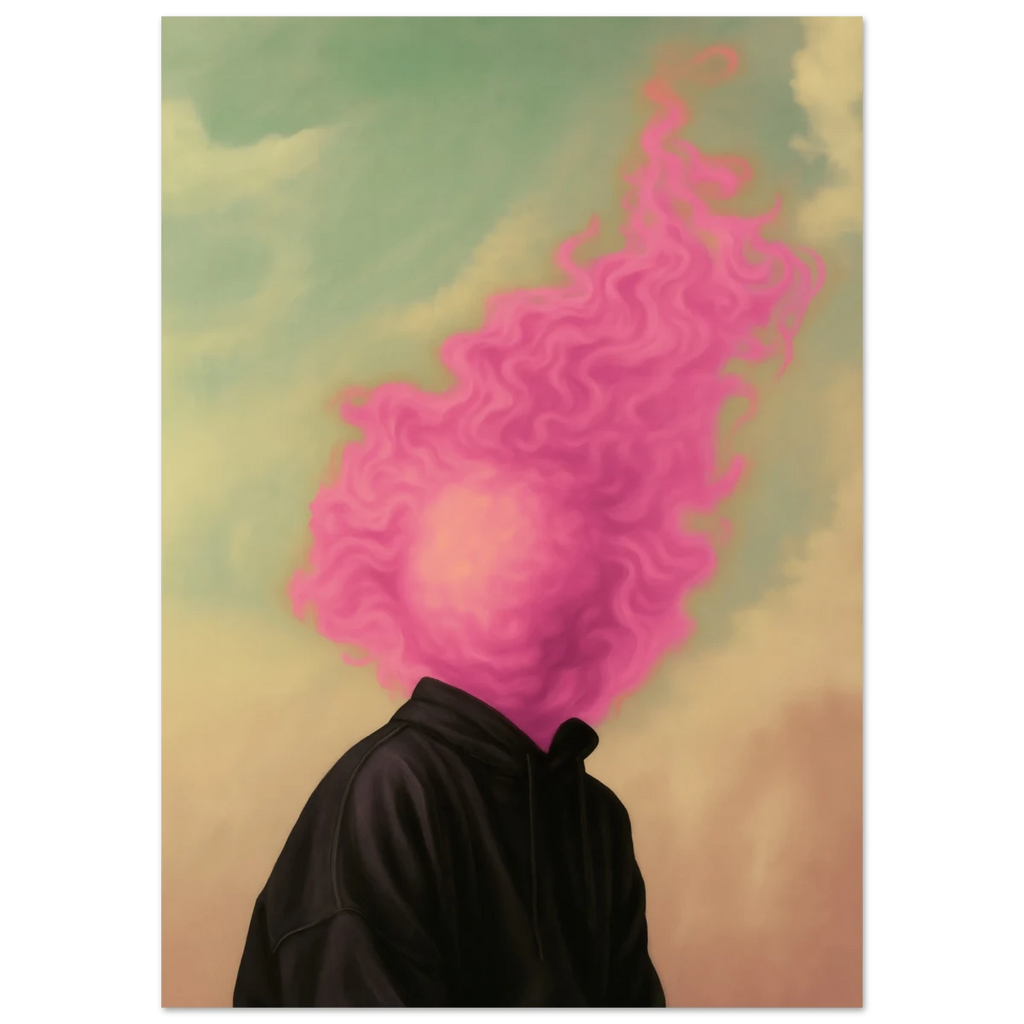 Person with pink hair flames against a abstract green and brown background