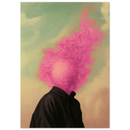Person with pink hair flames against a abstract green and brown background
