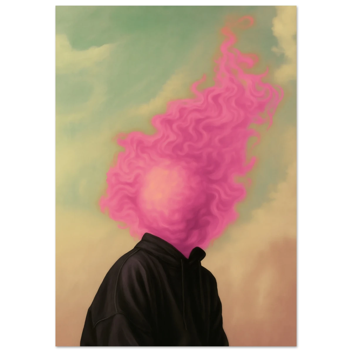 Person with pink hair flames against a abstract green and brown background