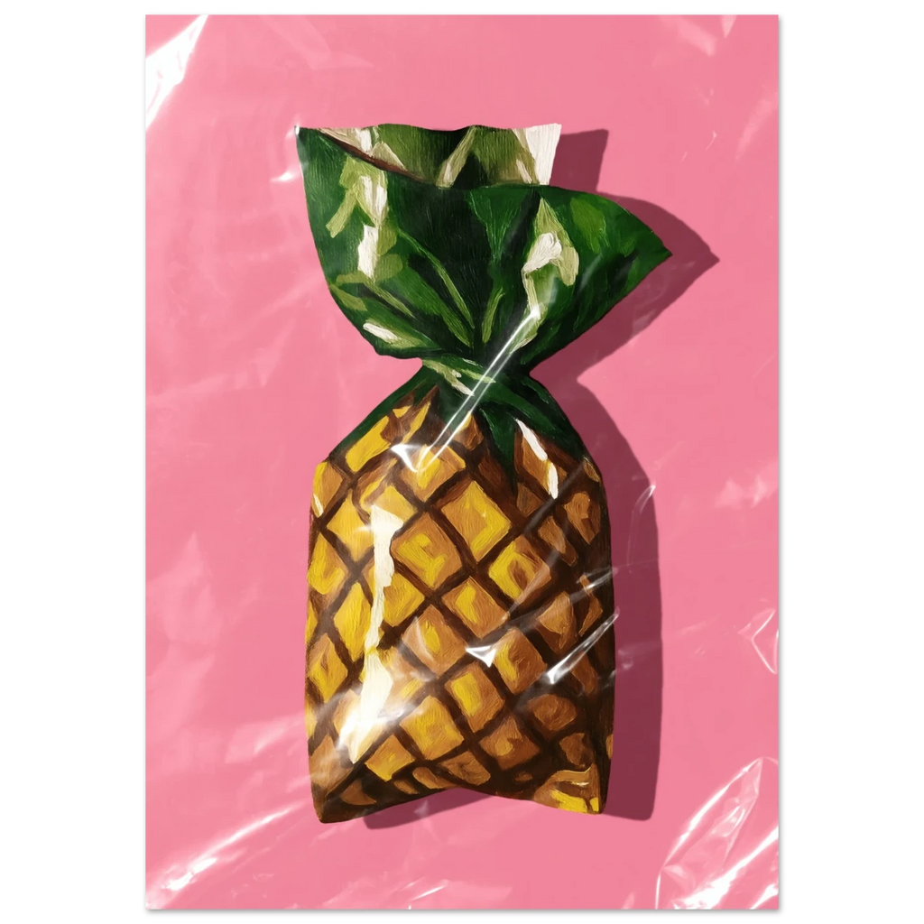 Pineapple-shaped candy poster in clear plastic packaging on a pink background