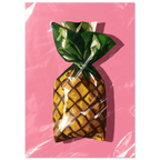 Pineapple-shaped candy poster in clear plastic packaging on a pink background
