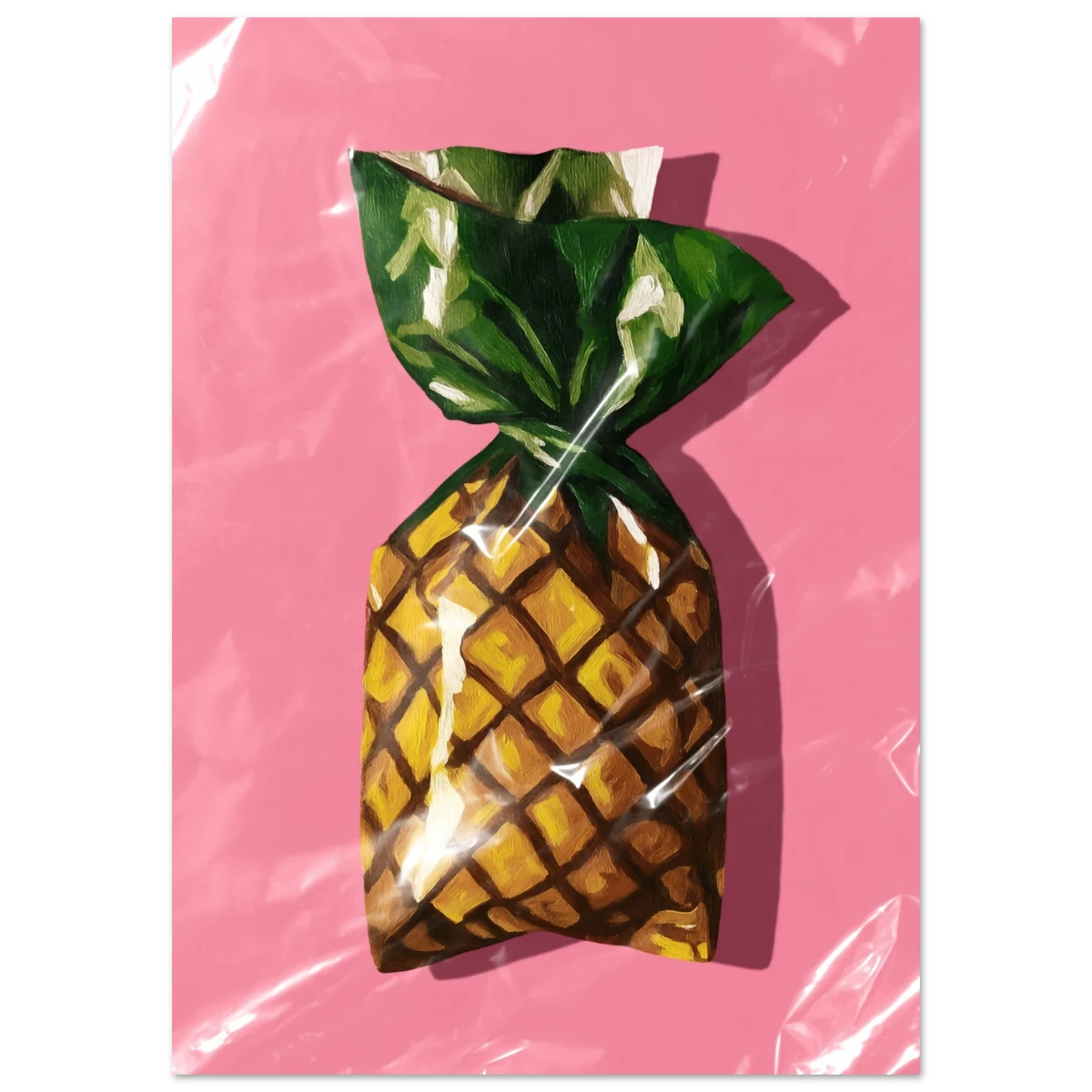 Pineapple-shaped candy poster in clear plastic packaging on a pink background