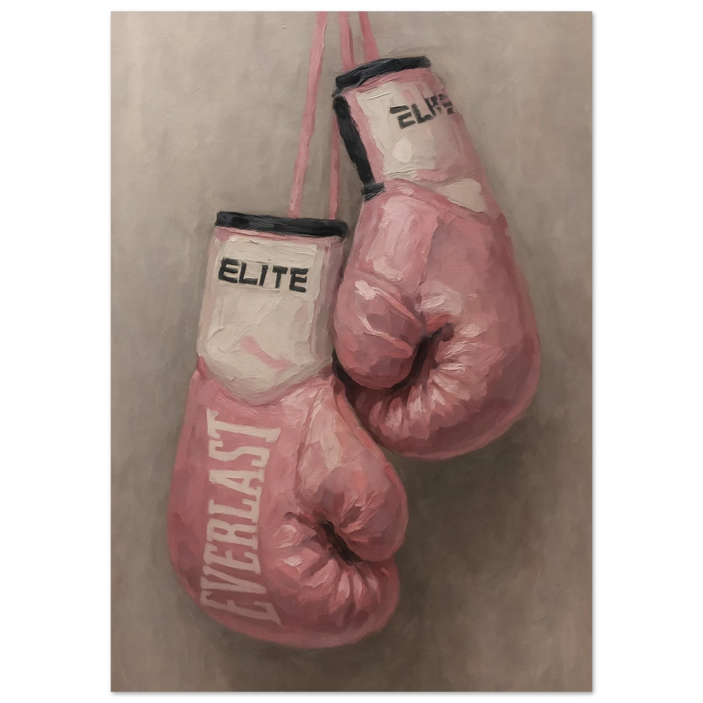 Pink boxing gloves poster with 'Everlast' branding on a textured beige background