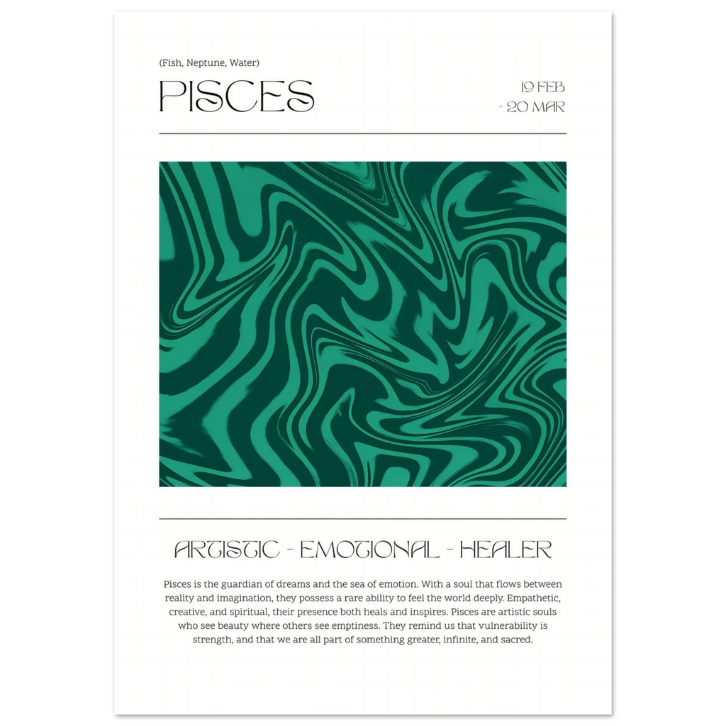 Pisces zodiac sign description poster with abstract green design on a white background