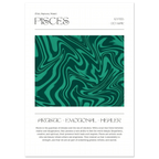 Pisces zodiac sign description poster with abstract green design on a white background