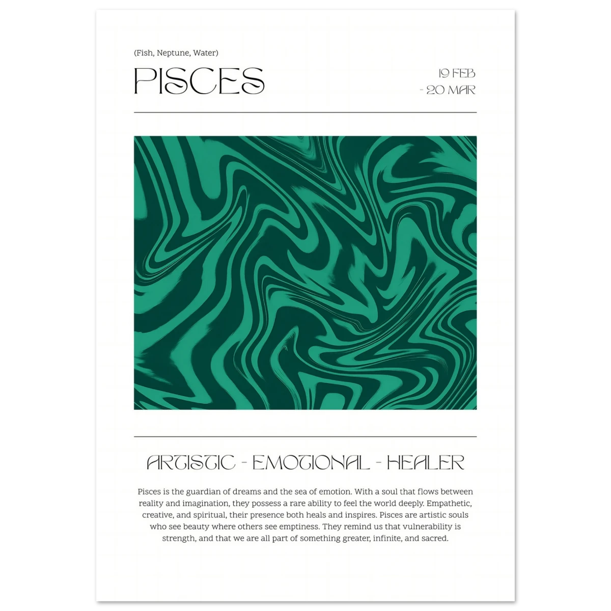 Pisces zodiac sign description poster with abstract green design on a white background